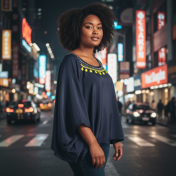 NWT Lane Bryant Navy Blue Satin Batwing Top with Green Beaded Neckline 26 / 28 - Picture 1 of 11